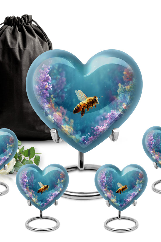Ocean Teal Bee Cremation Urn close-up of engraving and surface detail - loving heart memorial featuring bee pattern - memorial set with one large and four small urns