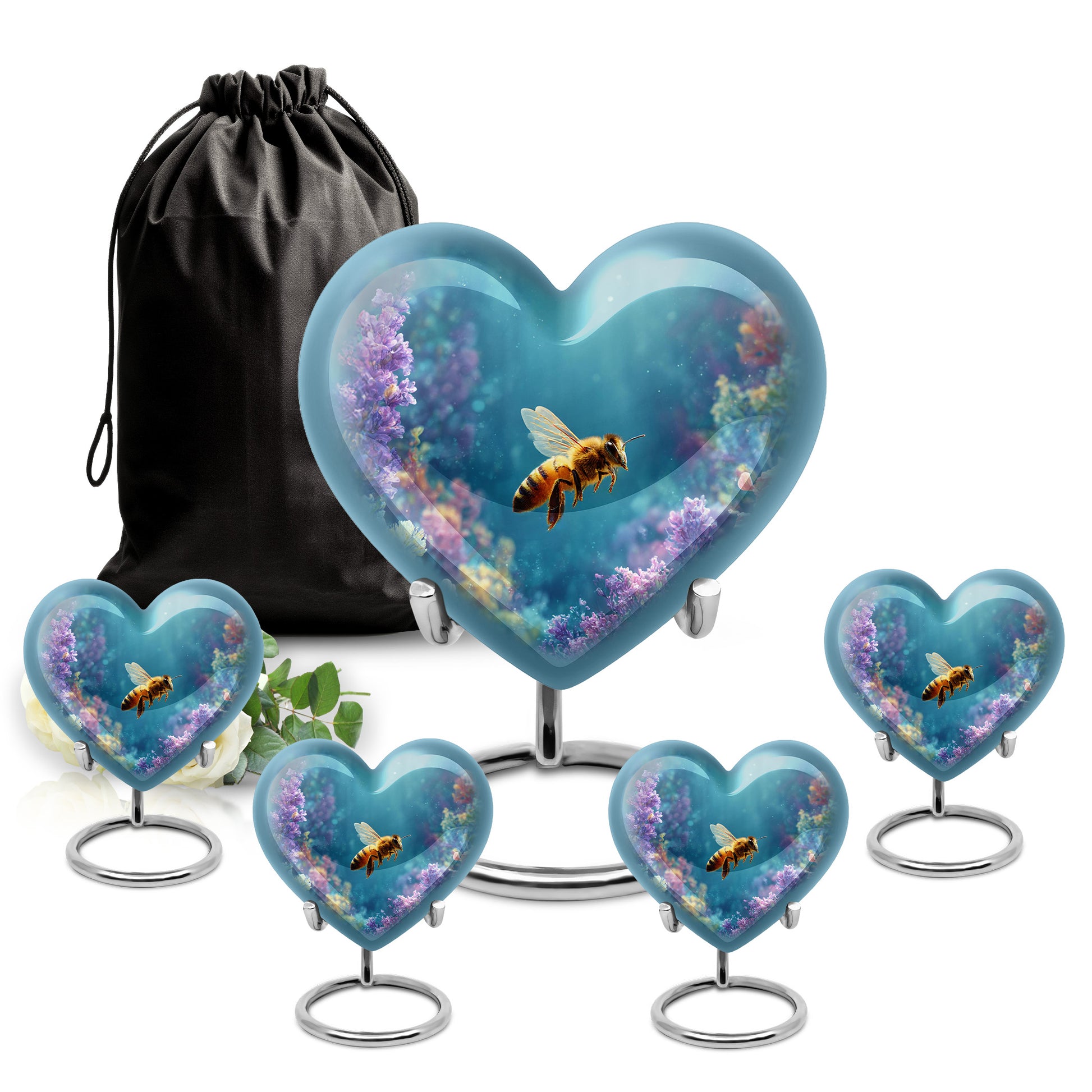 Ocean Teal Bee Cremation Urn close-up of engraving and surface detail - loving heart memorial featuring bee pattern - memorial set with one large and four small urns