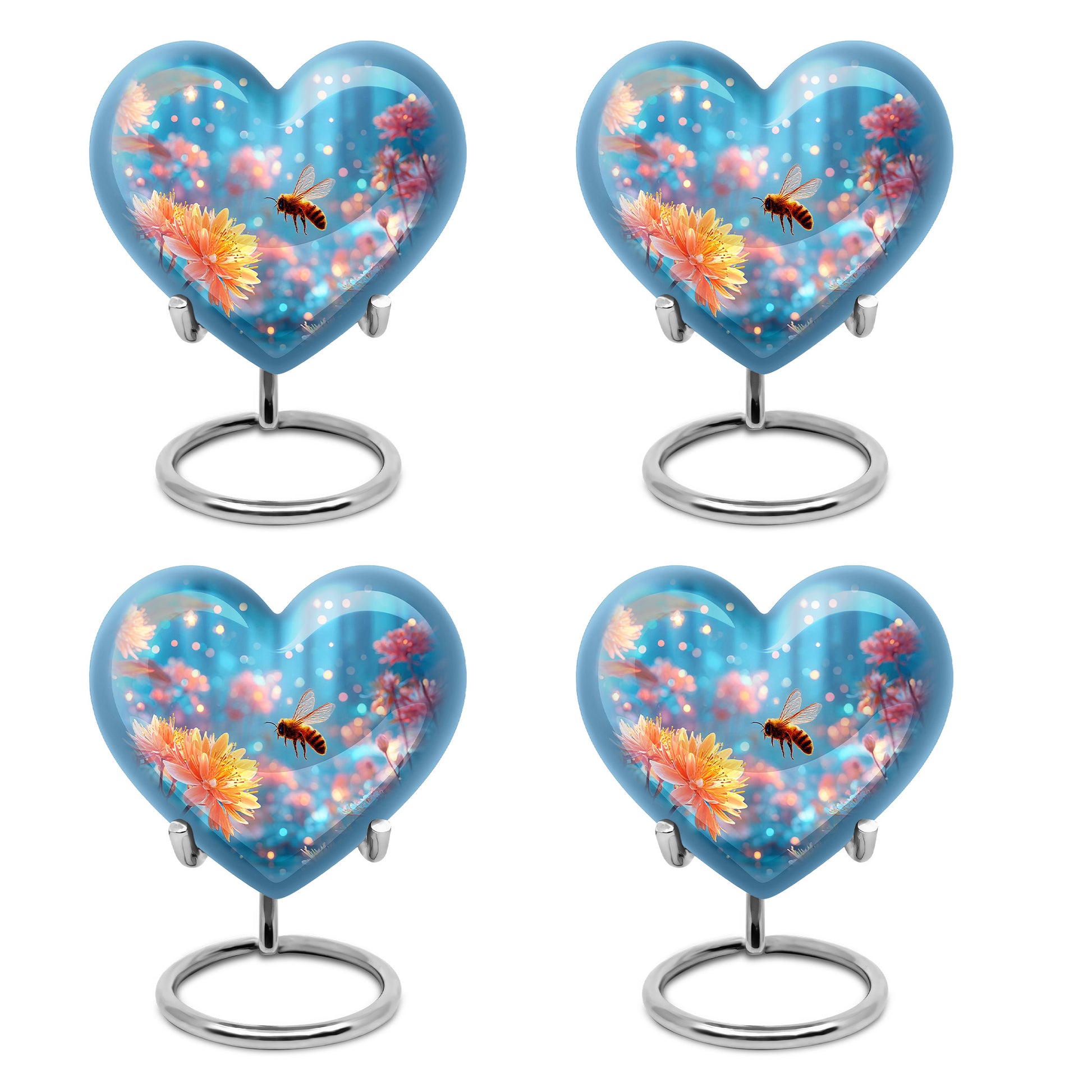 Soft Blue Bee Cremation Urn angled view of lid and engraved motif - romantic heart urn with bee motif on aluminum - 10 inch aluminum urn for cremated remains