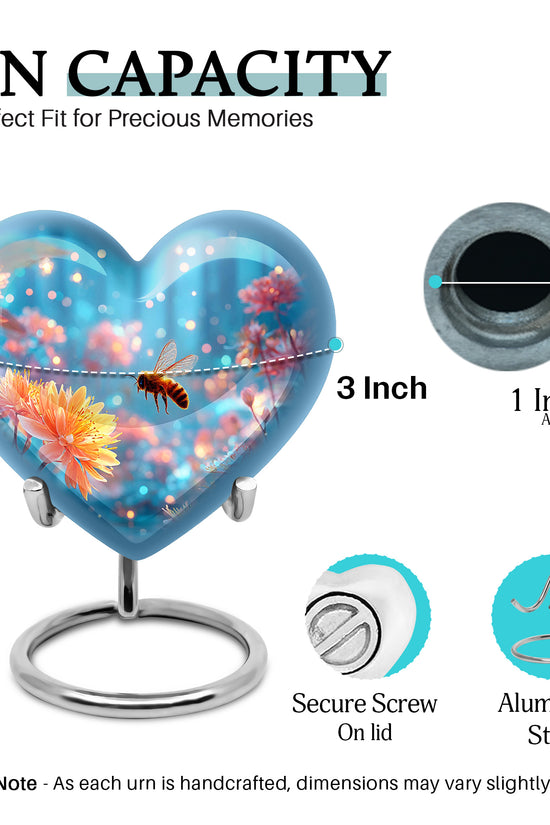 Cornflower Blue Bee Cremation Urn front view showing detailed design - compassionate heart-bee combination with gentle curves - mini keepsake memorial for portion of cremation ashes