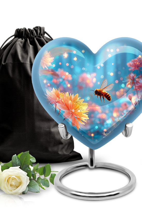 Bright Blue Bee Cremation Urn detail view - romantic heart urn with bee motif on aluminum - full-size 10 inch 200 cubic inch adult cremation urn