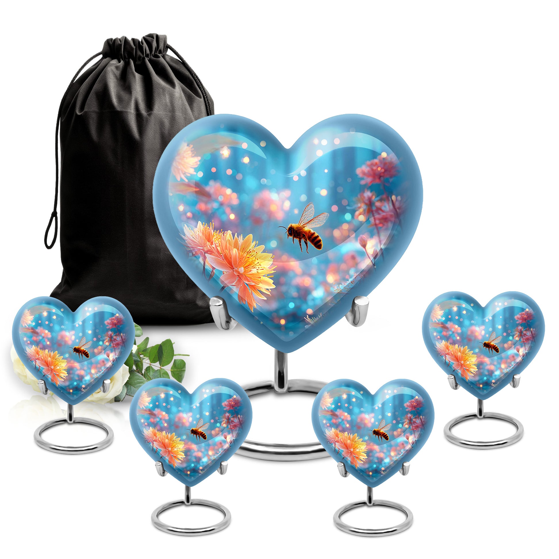 Slate Blue Bee Cremation Urn close-up of engraving and surface detail - loving heart memorial featuring bee pattern - memorial set with one large and four small urns