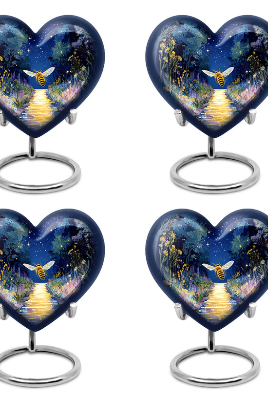Sapphire Blue Bee Cremation Urn angled view of lid and engraved motif - compassionate heart-bee combination with gentle curves - 10 inch aluminum urn for cremated remains
