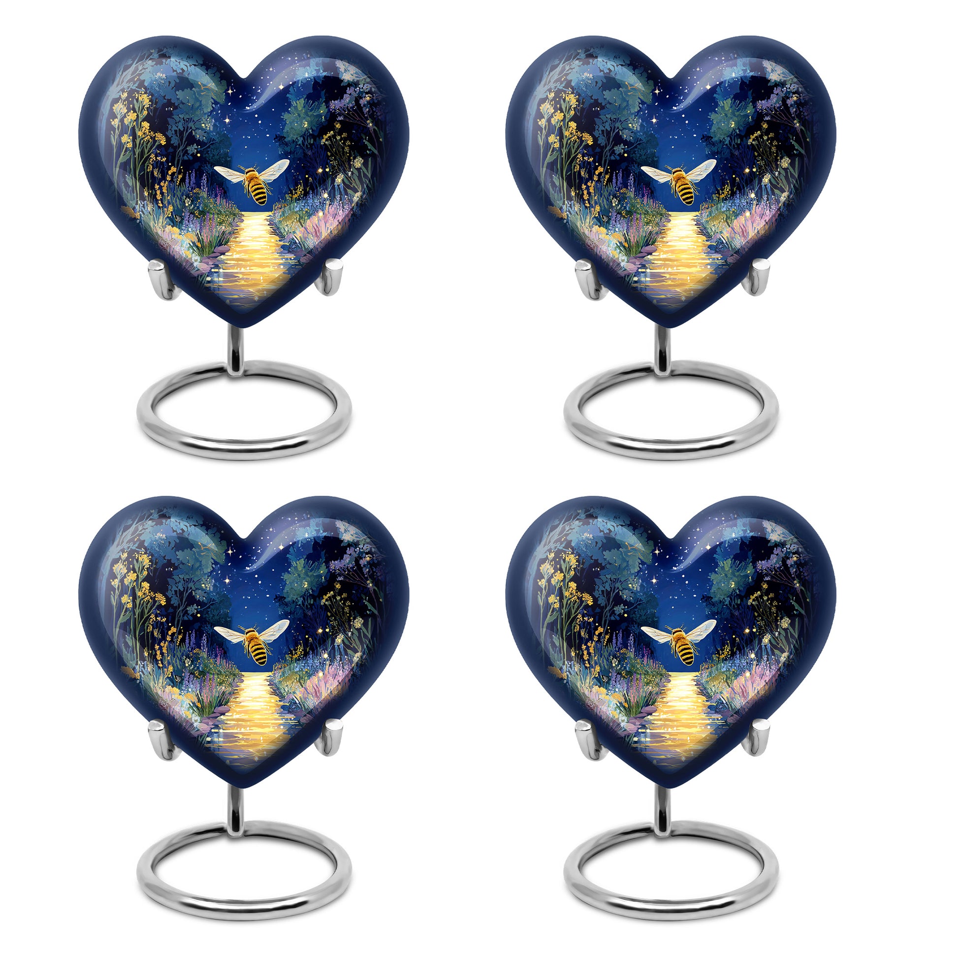 Sapphire Blue Bee Cremation Urn angled view of lid and engraved motif - compassionate heart-bee combination with gentle curves - 10 inch aluminum urn for cremated remains