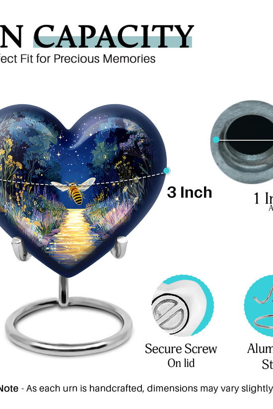 Vivid Blue Bee Cremation Urn front view showing detailed design - romantic heart urn with bee motif on aluminum - mini keepsake memorial for portion of cremation ashes