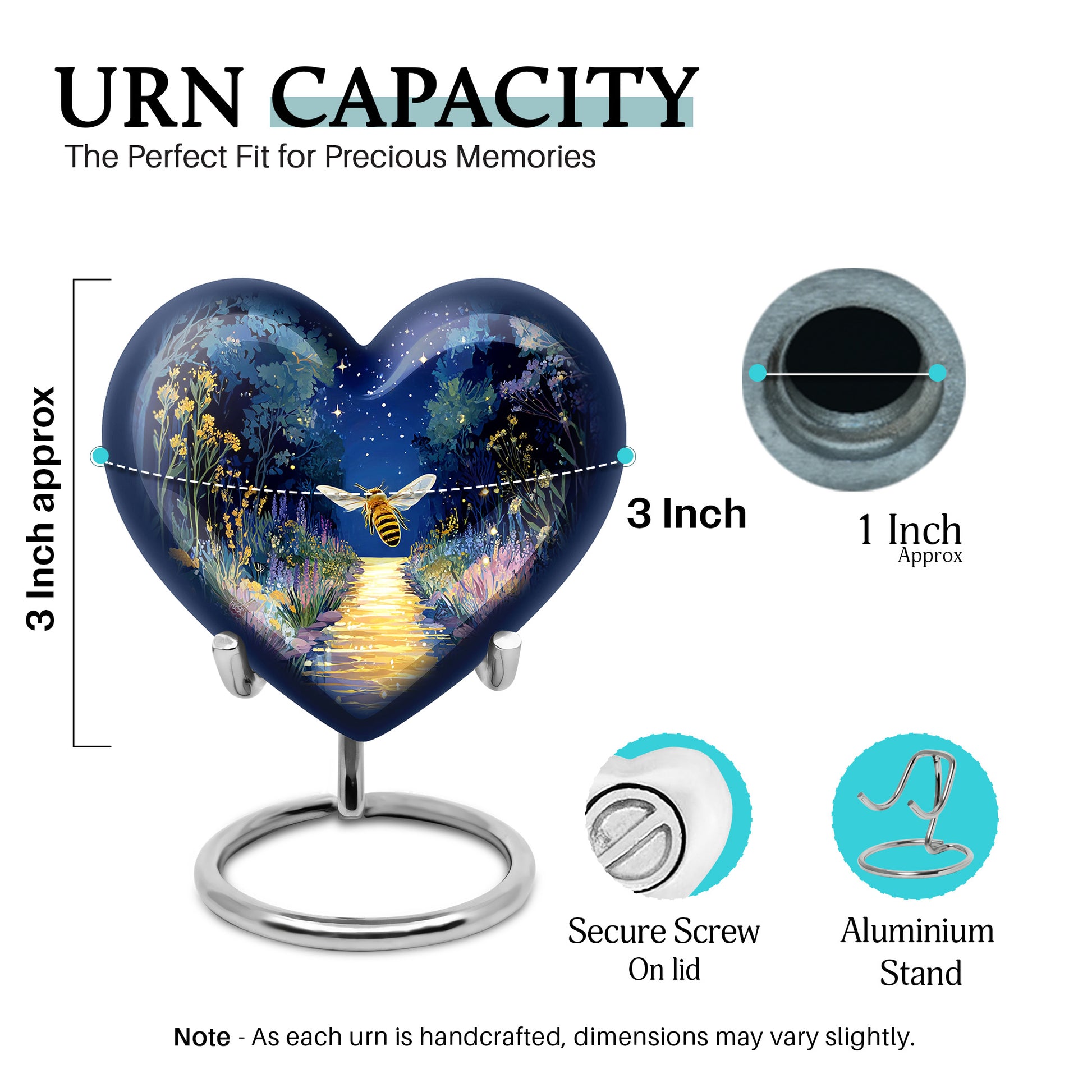 Vivid Blue Bee Cremation Urn front view showing detailed design - romantic heart urn with bee motif on aluminum - mini keepsake memorial for portion of cremation ashes