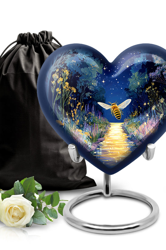 Cornflower Blue Bee Cremation Urn detail view - compassionate heart-bee combination with gentle curves - full-size 10 inch 200 cubic inch adult cremation urn