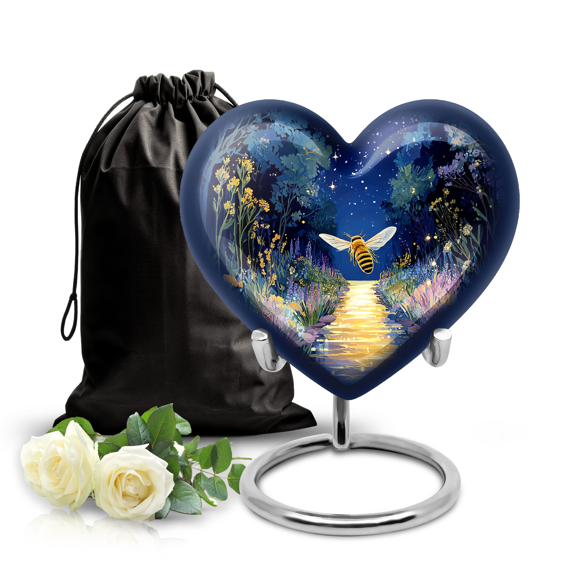 Cornflower Blue Bee Cremation Urn detail view - compassionate heart-bee combination with gentle curves - full-size 10 inch 200 cubic inch adult cremation urn