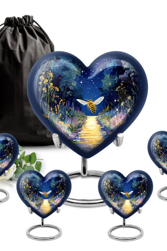 Cornflower Blue Bee Cremation Urn close-up of engraving and surface detail - romantic heart urn with bee motif on aluminum - memorial set with one large and four small urns