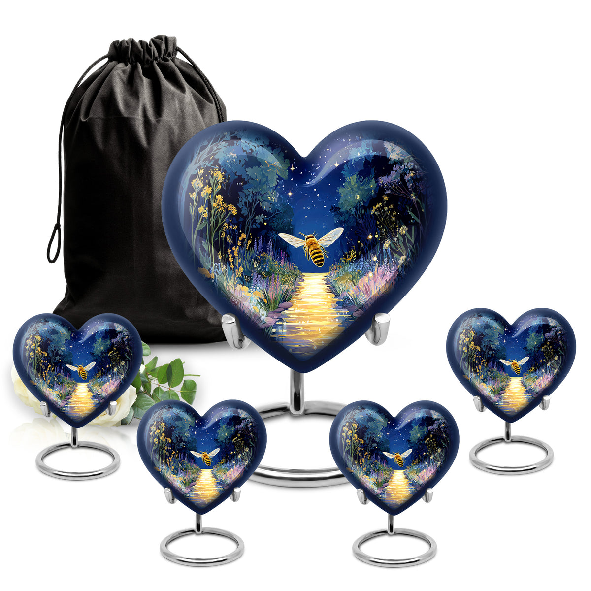 Cornflower Blue Bee Cremation Urn close-up of engraving and surface detail - romantic heart urn with bee motif on aluminum - memorial set with one large and four small urns