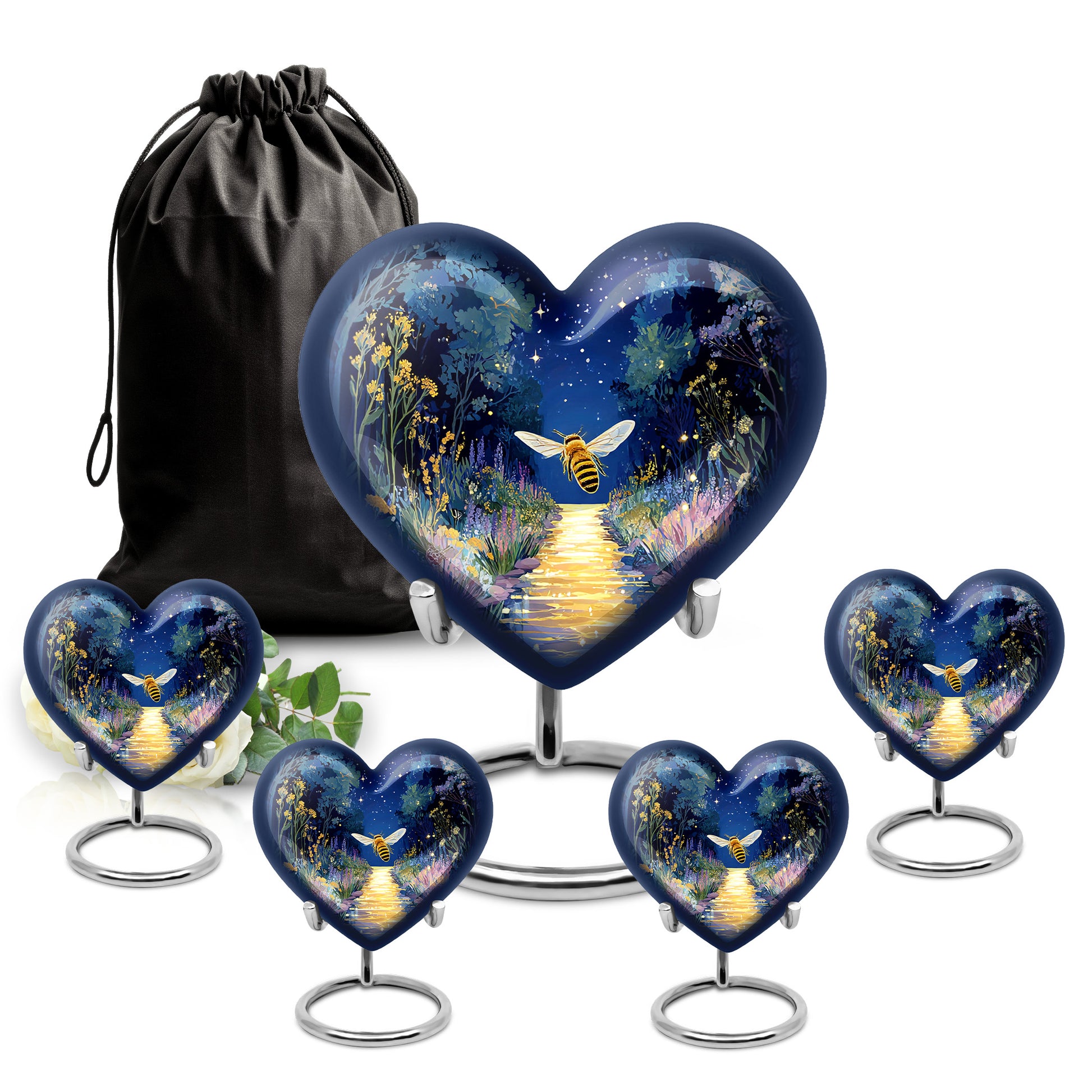 Cornflower Blue Bee Cremation Urn close-up of engraving and surface detail - romantic heart urn with bee motif on aluminum - memorial set with one large and four small urns