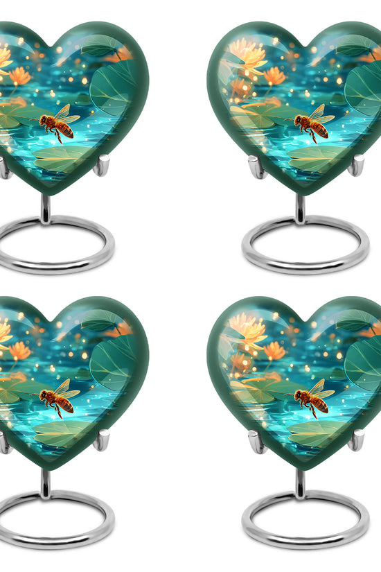 Mystic Teal Bee Cremation Urn angled view of lid and engraved motif - compassionate heart-bee combination with gentle curves - 10 inch aluminum urn for cremated remains