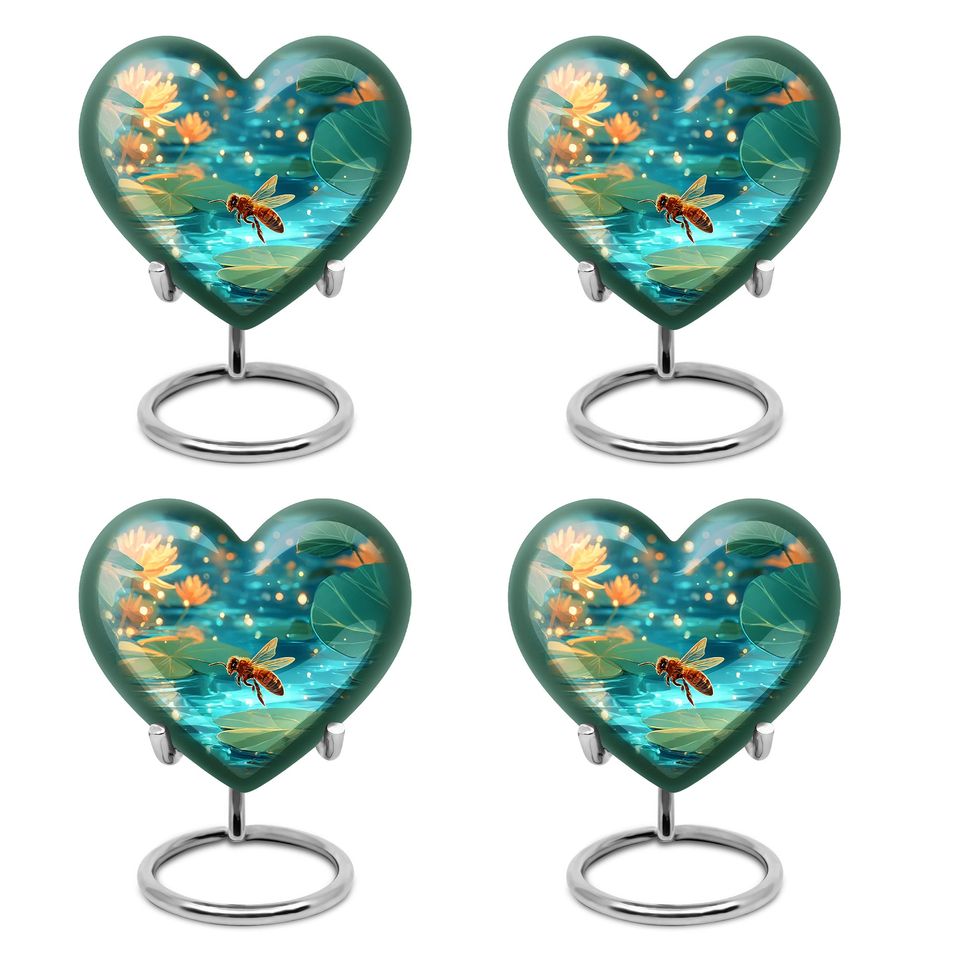 Mystic Teal Bee Cremation Urn angled view of lid and engraved motif - compassionate heart-bee combination with gentle curves - 10 inch aluminum urn for cremated remains