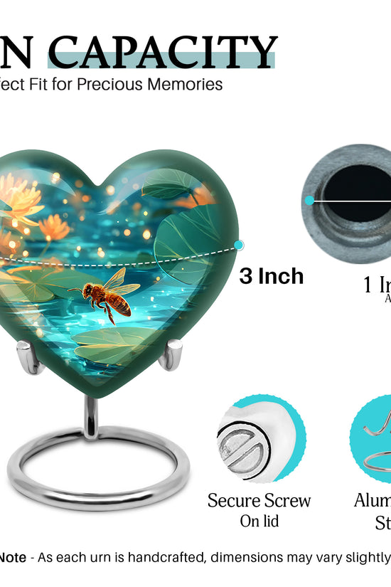 Vivid Teal Bee Cremation Urn front view showing detailed design - romantic heart urn with bee motif on aluminum - mini keepsake memorial for portion of cremation ashes
