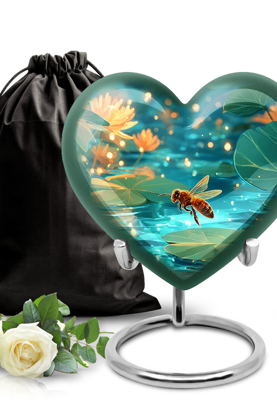 Deep Teal Bee Cremation Urn detail view - romantic heart urn with bee motif on aluminum - full-size 10 inch 200 cubic inch adult cremation urn