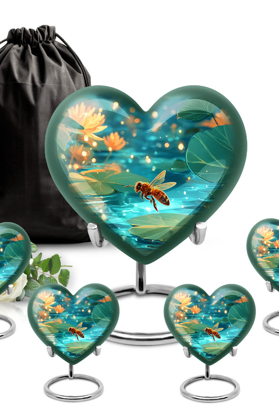 Jewel Teal Bee Cremation Urn close-up of engraving and surface detail - loving heart memorial featuring bee pattern - memorial set with one large and four small urns