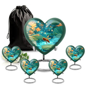 Jewel Teal Bee Cremation Urn close-up of engraving and surface detail - loving heart memorial featuring bee pattern - memorial set with one large and four small urns