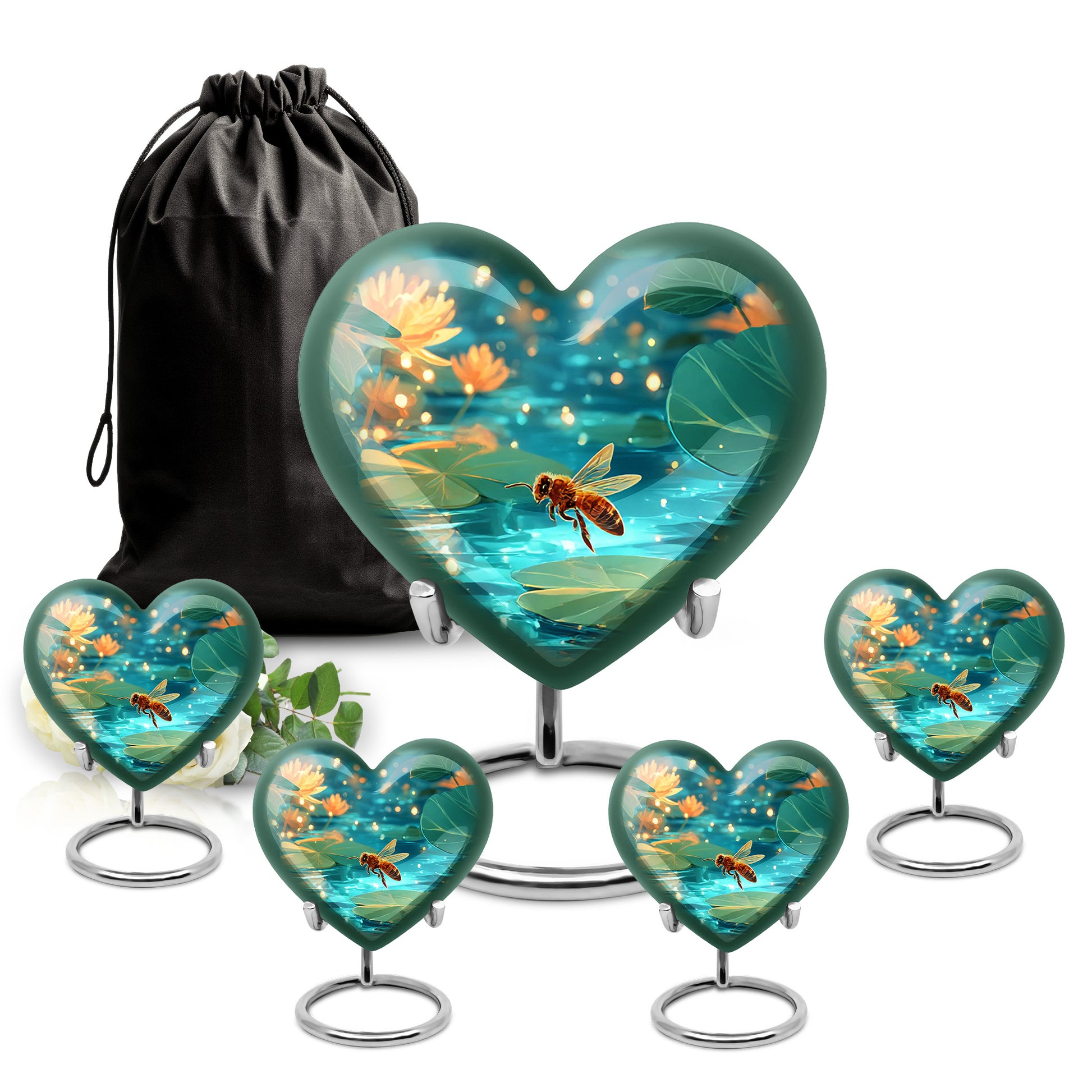 Jewel Teal Bee Cremation Urn close-up of engraving and surface detail - loving heart memorial featuring bee pattern - memorial set with one large and four small urns