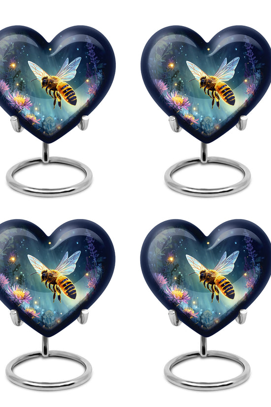 Serene Blue Bee Cremation Urn angled view of lid and engraved motif - romantic heart urn with bee motif on aluminum - 10 inch aluminum urn for cremated remains