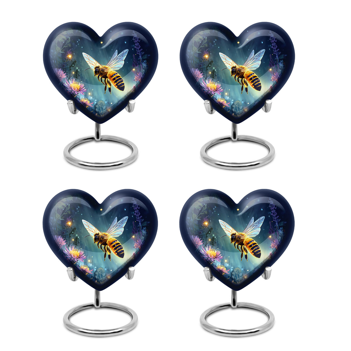 Serene Blue Bee Cremation Urn angled view of lid and engraved motif - romantic heart urn with bee motif on aluminum - 10 inch aluminum urn for cremated remains