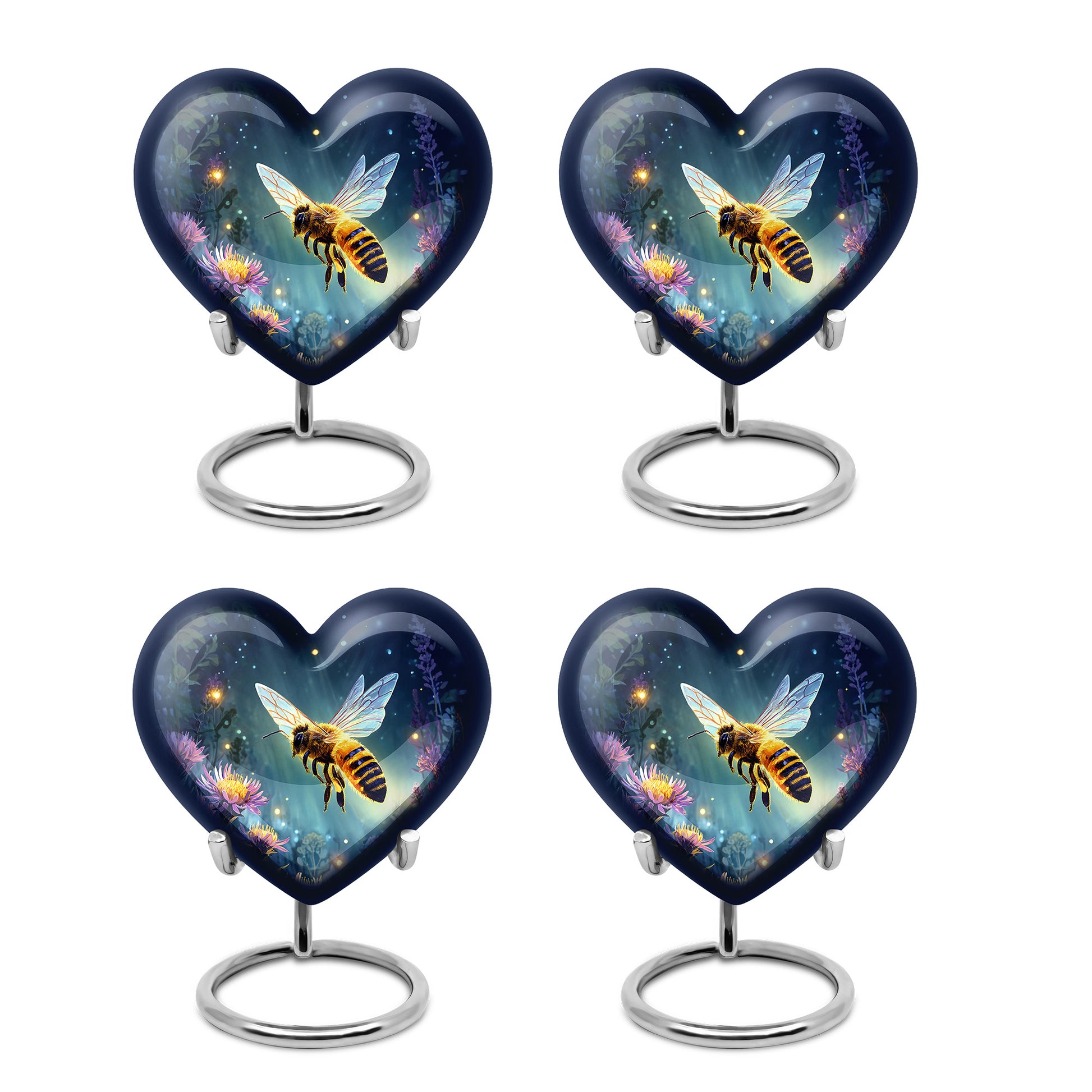Serene Blue Bee Cremation Urn angled view of lid and engraved motif - romantic heart urn with bee motif on aluminum - 10 inch aluminum urn for cremated remains