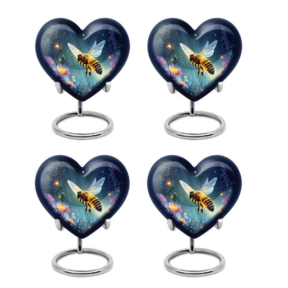 Serene Blue Bee Cremation Urn angled view of lid and engraved motif - romantic heart urn with bee motif on aluminum - 10 inch aluminum urn for cremated remains