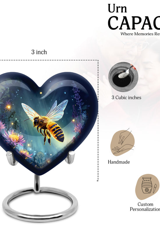 Royal Blue Bee Cremation Urn front view showing detailed design - compassionate heart-bee combination with gentle curves - mini keepsake memorial for portion of cremation ashes