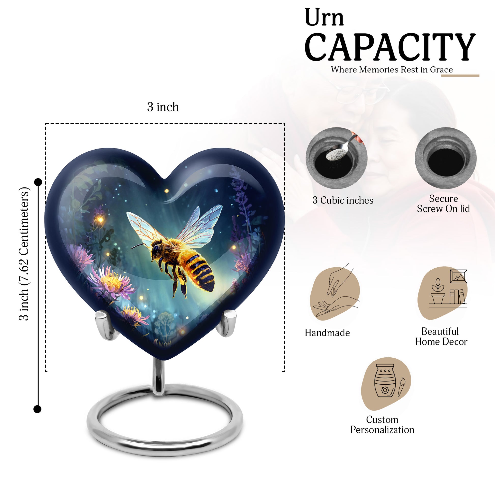 Royal Blue Bee Cremation Urn front view showing detailed design - compassionate heart-bee combination with gentle curves - mini keepsake memorial for portion of cremation ashes