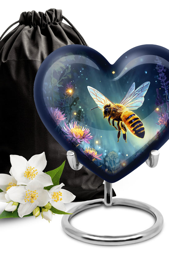 Pastel Blue Bee Cremation Urn detail view - heart-shaped bee design symbolizing eternal love - full-size 10 inch 200 cubic inch adult cremation urn