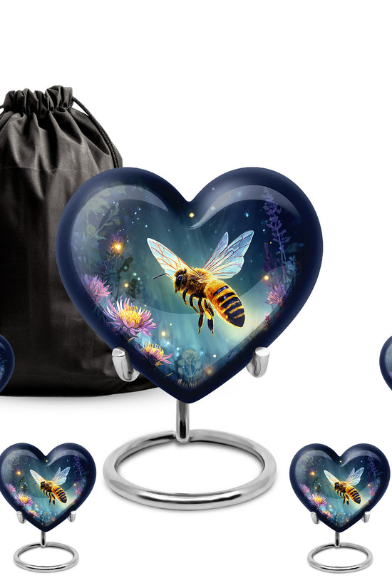 Soft Blue Bee Cremation Urn close-up of engraving and surface detail - compassionate heart-bee combination with gentle curves - memorial set with one large and four small urns