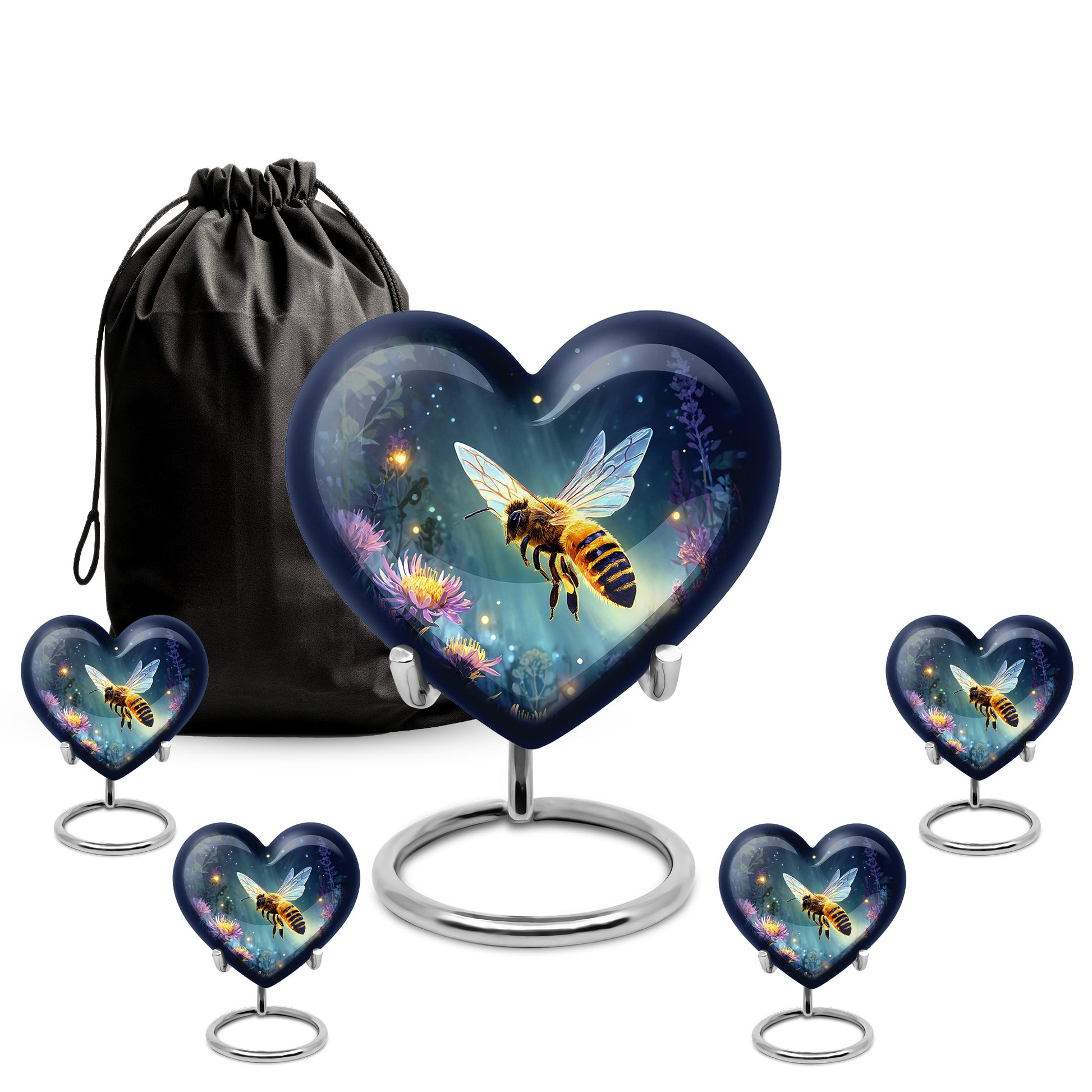 Soft Blue Bee Cremation Urn close-up of engraving and surface detail - compassionate heart-bee combination with gentle curves - memorial set with one large and four small urns