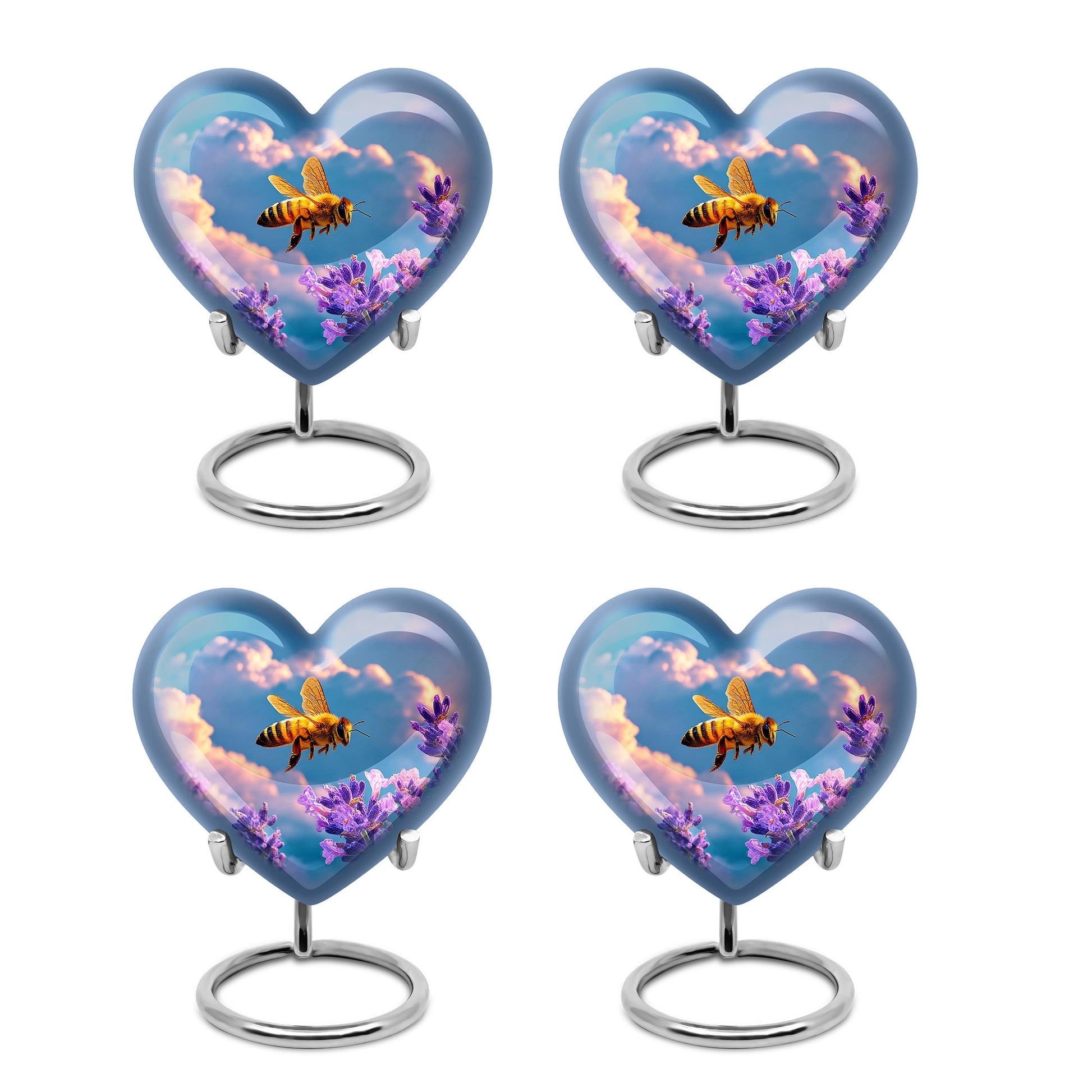 Dusty Blue Bee Cremation Urn angled view of lid and engraved motif - heart-shaped bee design symbolizing eternal love - 10 inch aluminum urn for cremated remains