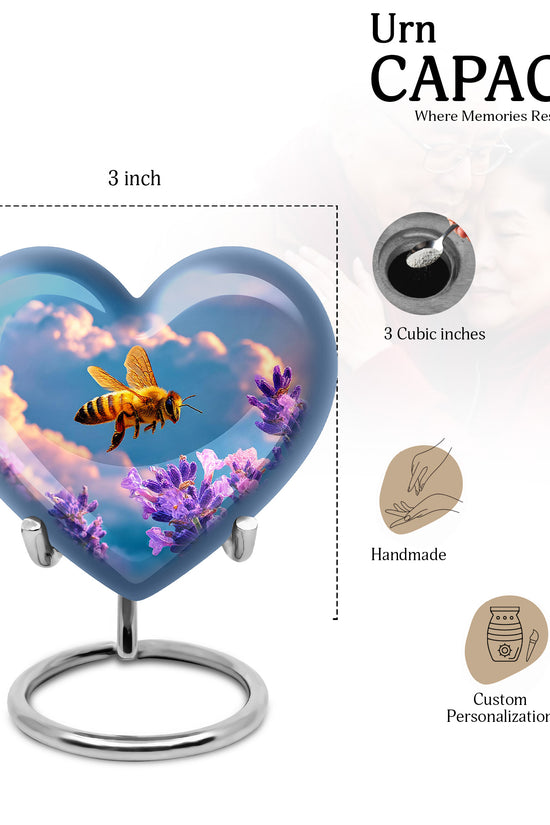 Celestial Blue Bee Cremation Urn front view showing detailed design - loving heart memorial featuring bee pattern - mini keepsake memorial for portion of cremation ashes