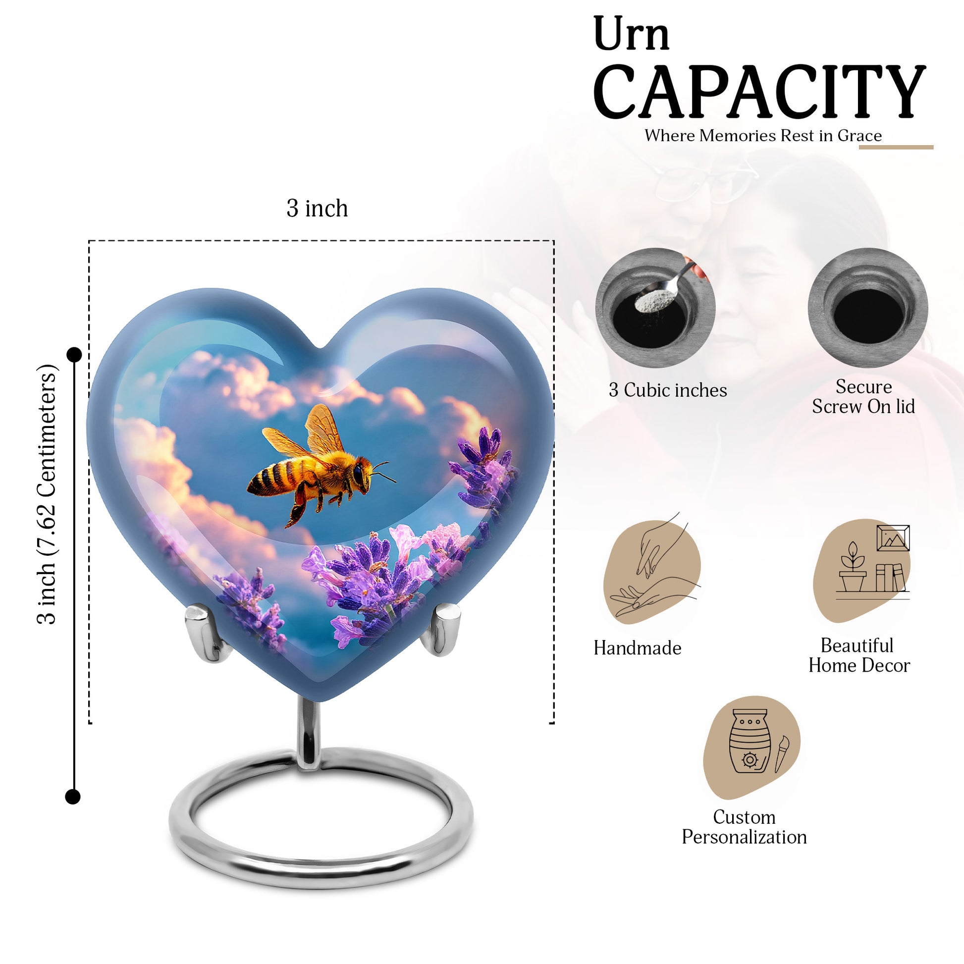 Celestial Blue Bee Cremation Urn front view showing detailed design - loving heart memorial featuring bee pattern - mini keepsake memorial for portion of cremation ashes