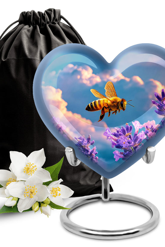 Navy Blue Bee Cremation Urn detail view - heart-shaped bee design symbolizing eternal love - full-size 10 inch 200 cubic inch adult cremation urn