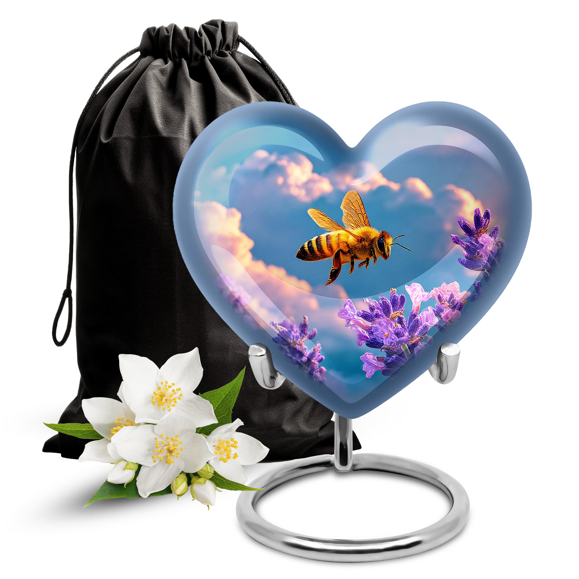 Navy Blue Bee Cremation Urn detail view - heart-shaped bee design symbolizing eternal love - full-size 10 inch 200 cubic inch adult cremation urn
