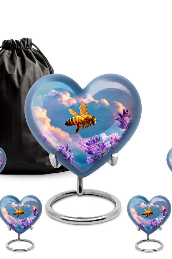 Slate Blue Bee Cremation Urn close-up of engraving and surface detail - loving heart memorial featuring bee pattern - memorial set with one large and four small urns
