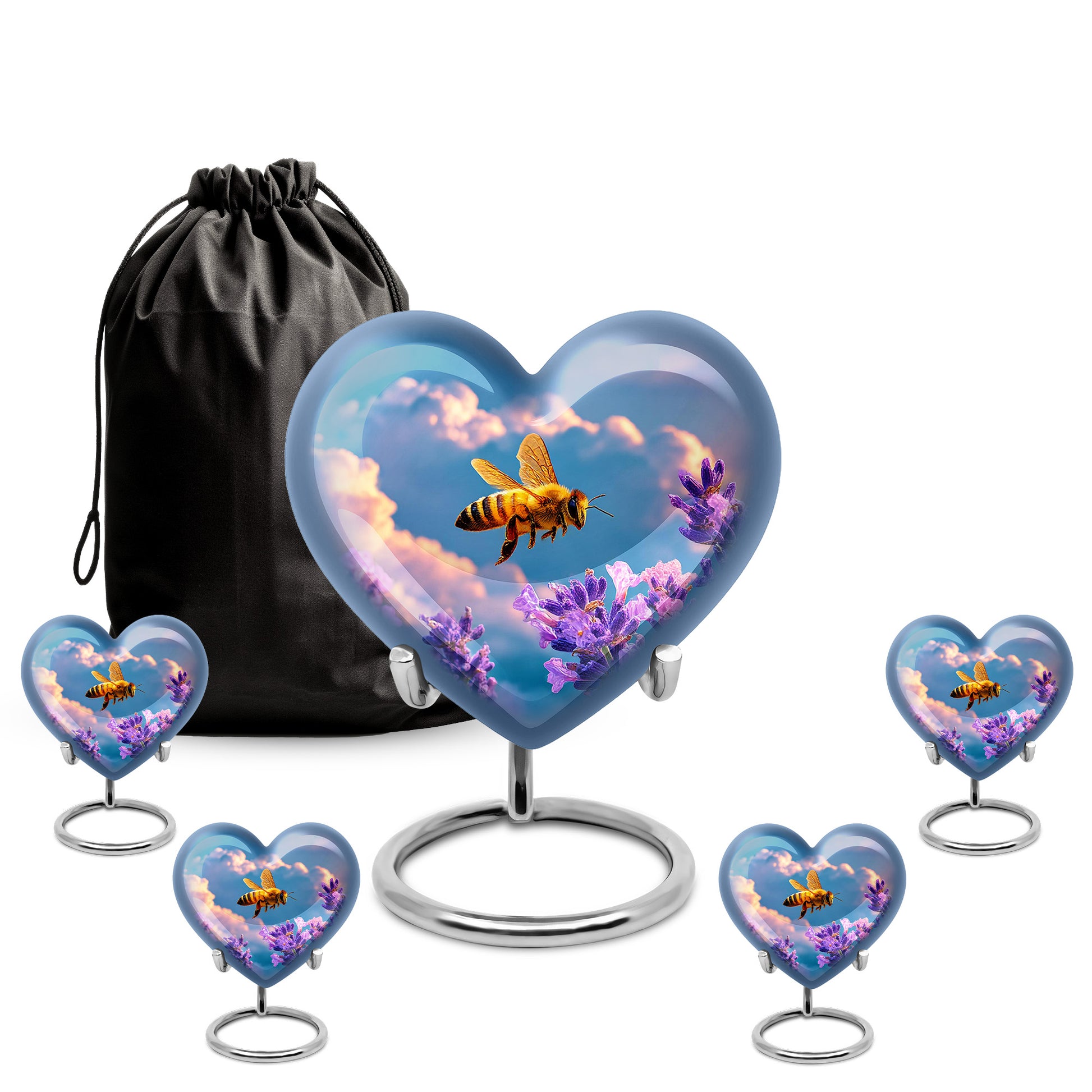 Slate Blue Bee Cremation Urn close-up of engraving and surface detail - loving heart memorial featuring bee pattern - memorial set with one large and four small urns