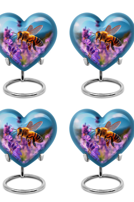 Steel Blue Bee Cremation Urn angled view of lid and engraved motif - romantic heart urn with bee motif on aluminum - 10 inch aluminum urn for cremated remains