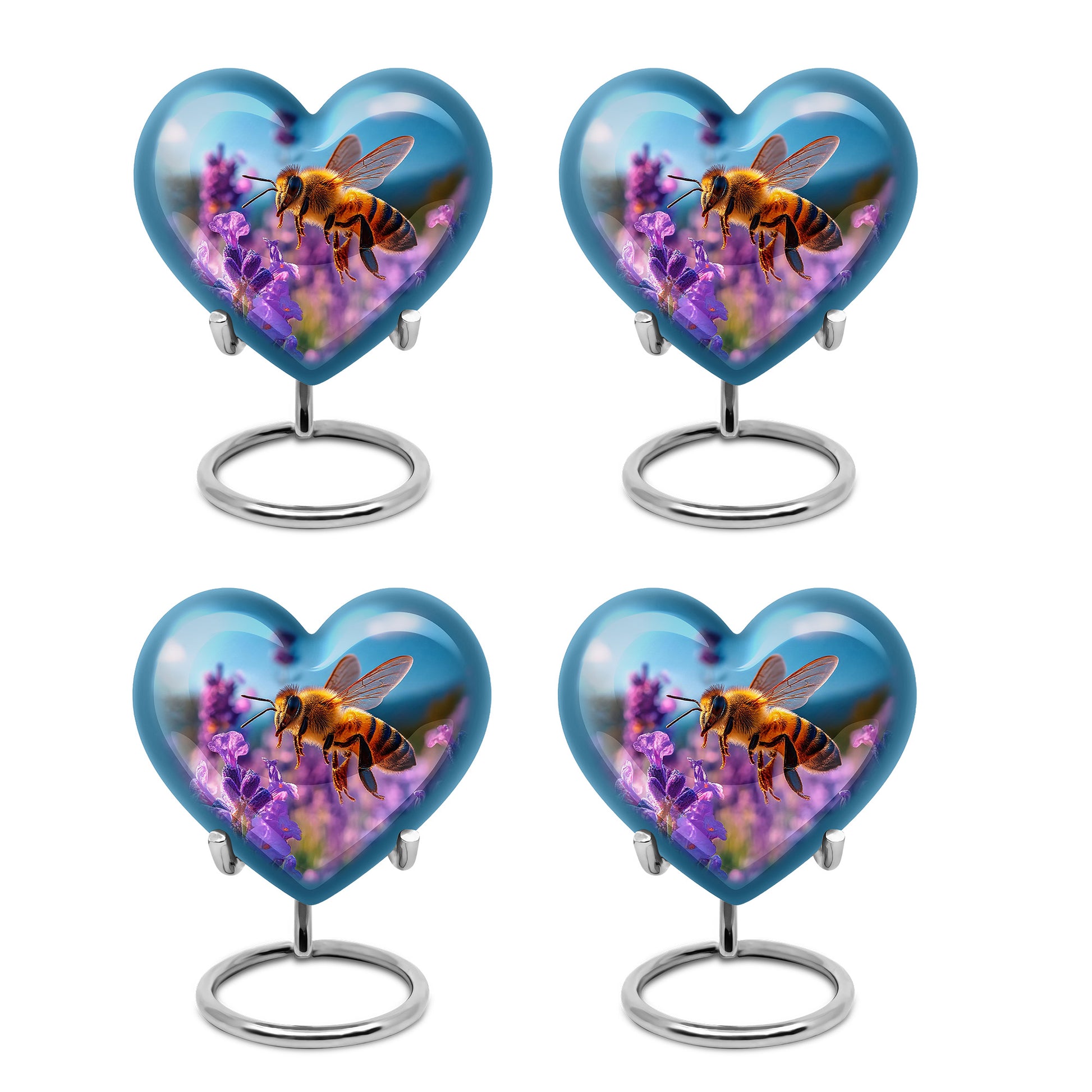 Steel Blue Bee Cremation Urn angled view of lid and engraved motif - romantic heart urn with bee motif on aluminum - 10 inch aluminum urn for cremated remains