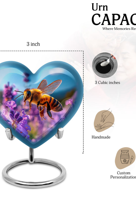 Indigo Bee Cremation Urn front view showing detailed design - loving heart memorial featuring bee pattern - mini keepsake memorial for portion of cremation ashes