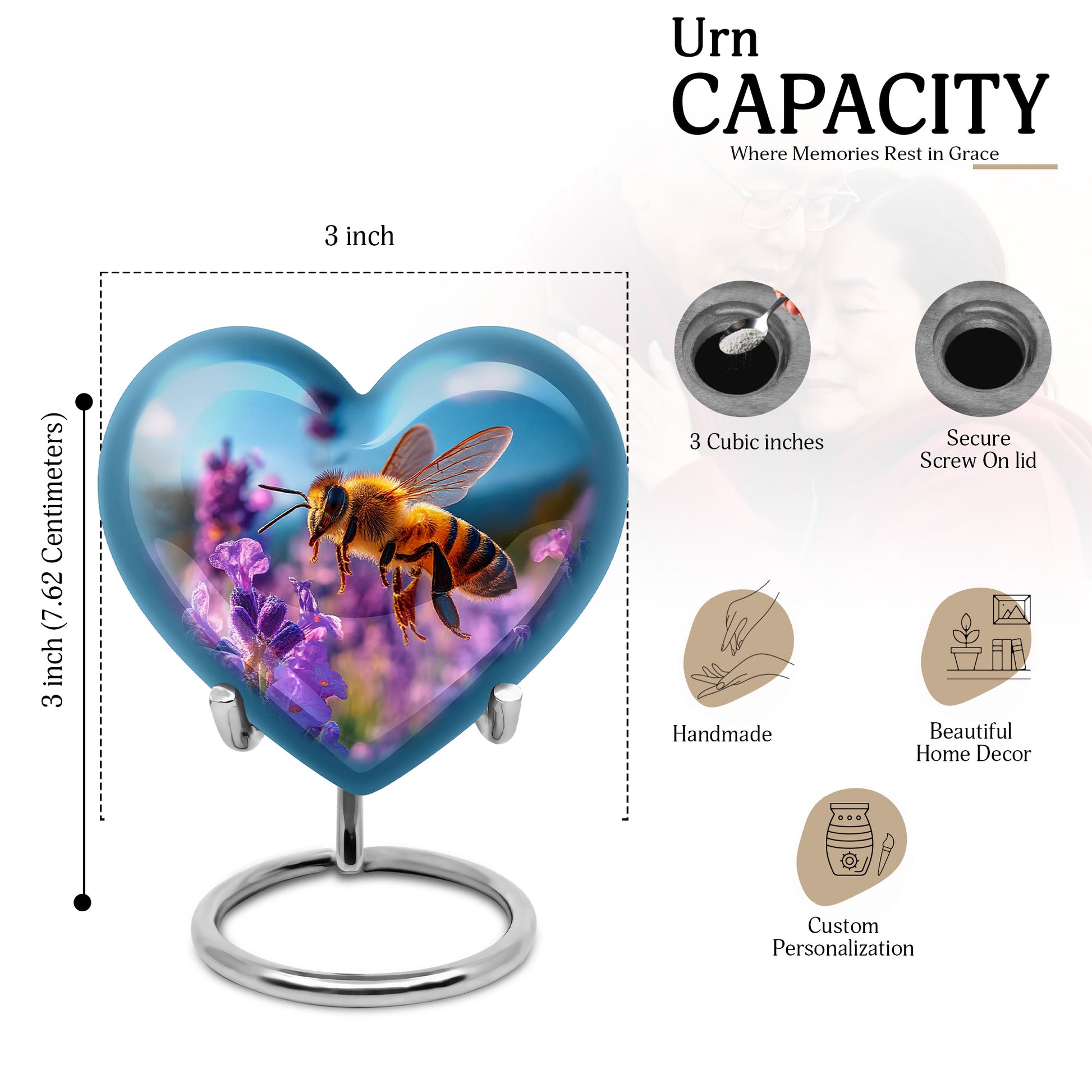 Indigo Bee Cremation Urn front view showing detailed design - loving heart memorial featuring bee pattern - mini keepsake memorial for portion of cremation ashes