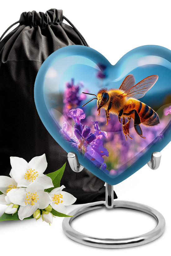 Vivid Blue Bee Cremation Urn detail view - compassionate heart-bee combination with gentle curves - full-size 10 inch 200 cubic inch adult cremation urn