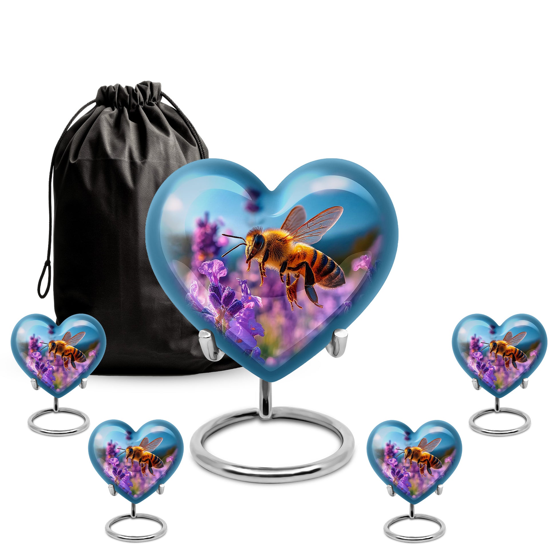 Steel Blue Bee Cremation Urn close-up of engraving and surface detail - romantic heart urn with bee motif on aluminum - memorial set with one large and four small urns