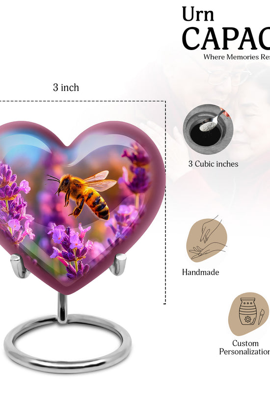 Slate Blue Bee Cremation Urn front view showing detailed design - heart-shaped bee design symbolizing eternal love - mini keepsake memorial for portion of cremation ashes