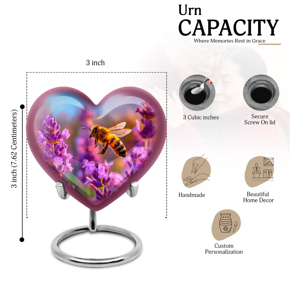 Slate Blue Bee Cremation Urn front view showing detailed design - heart-shaped bee design symbolizing eternal love - mini keepsake memorial for portion of cremation ashes