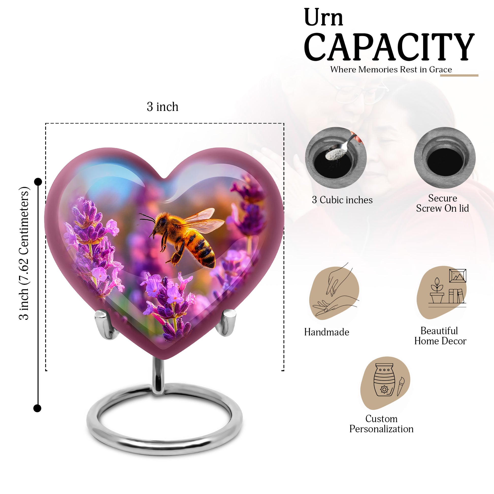 Slate Blue Bee Cremation Urn front view showing detailed design - heart-shaped bee design symbolizing eternal love - mini keepsake memorial for portion of cremation ashes