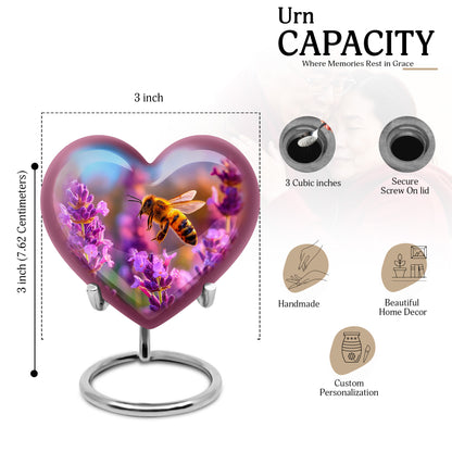 Slate Blue Bee Cremation Urn front view showing detailed design - heart-shaped bee design symbolizing eternal love - mini keepsake memorial for portion of cremation ashes