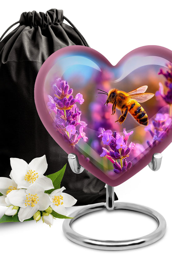 Navy Blue Bee Cremation Urn detail view - loving heart memorial featuring bee pattern - full-size 10 inch 200 cubic inch adult cremation urn