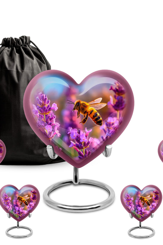 Bright Blue Bee Cremation Urn close-up of engraving and surface detail - romantic heart urn with bee motif on aluminum - memorial set with one large and four small urns